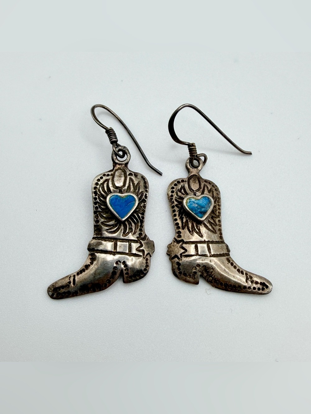 Sterling Silver Cowboy Boot Dangle Earrings Turquoise Heart Accents